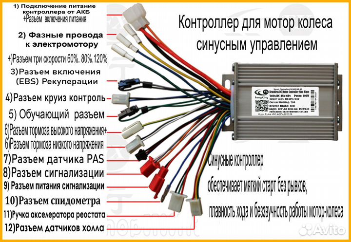 Контроллеры синусные 48/60v/600w E- самокатов