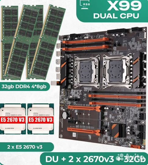 Комплект мать проц память X99 2CPU двухпроцессорн