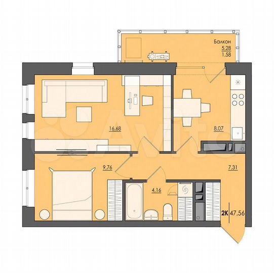 2-к. квартира, 47,6 м², 23/25 эт.
