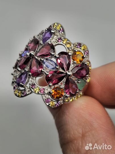 Серебряное кольцо микс танзанит гранат сапф