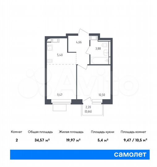 2-к. квартира, 34,6 м², 9/12 эт.