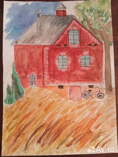 Картина акварель деревенский пейзаж