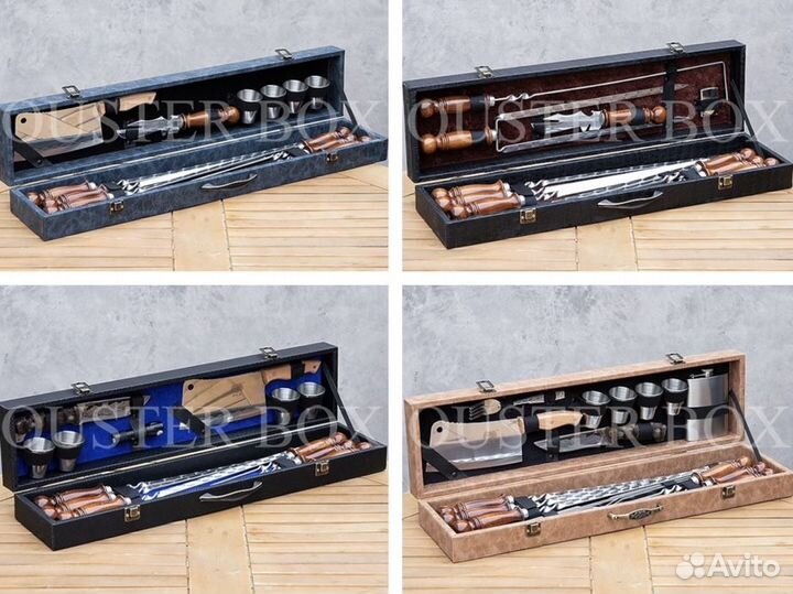 Наборы для пикника с шампурами в боксах из экокожи