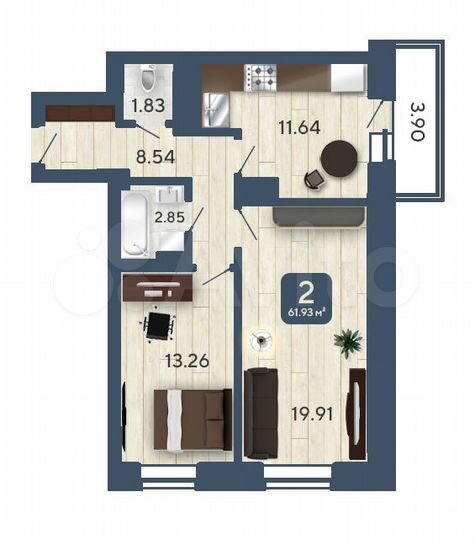 2-к. квартира, 62 м², 9/14 эт.