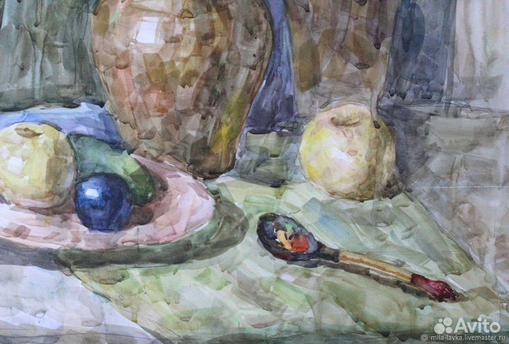 Большая картина натюрморт акварелью с фруктами