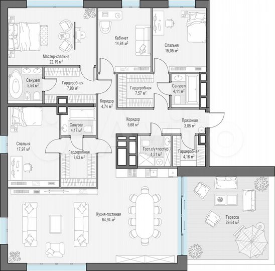 3-к. апартаменты, 229,6 м², 5/5 эт.