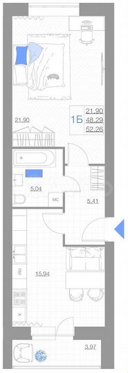 1-к. квартира, 52,3 м², 3/5 эт.