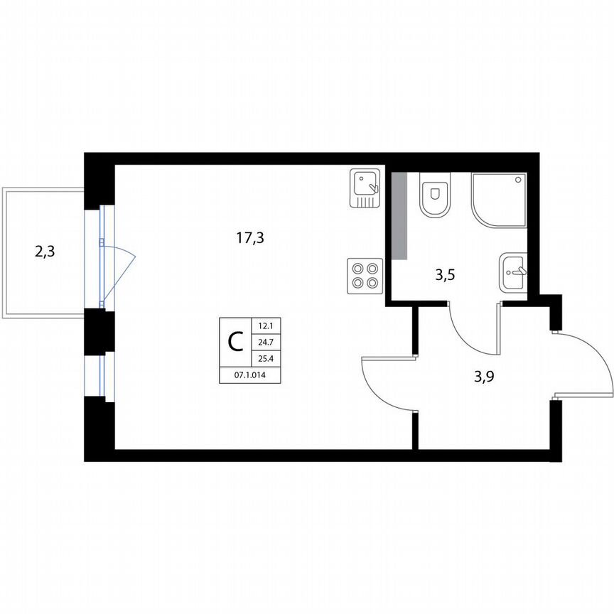 Квартира-студия, 25,4 м², 2/3 эт.
