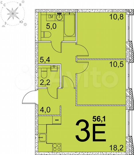 2-к. квартира, 56,1 м², 15/25 эт.