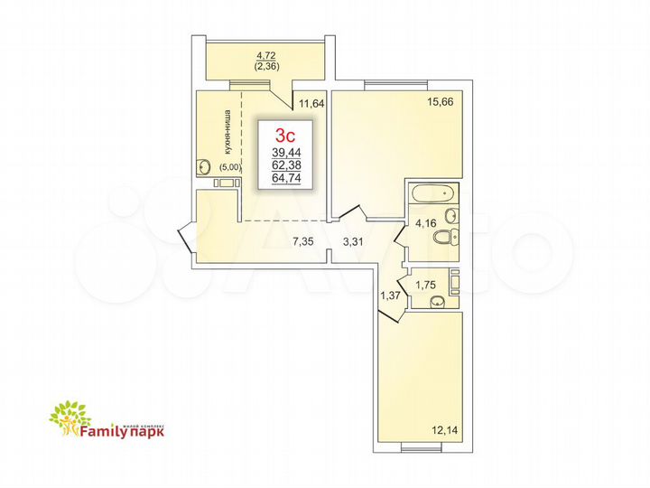 2-к. квартира, 64,7 м², 10/10 эт.