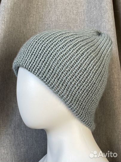 Шапка бини двойная вязаная серая. Ручная работа