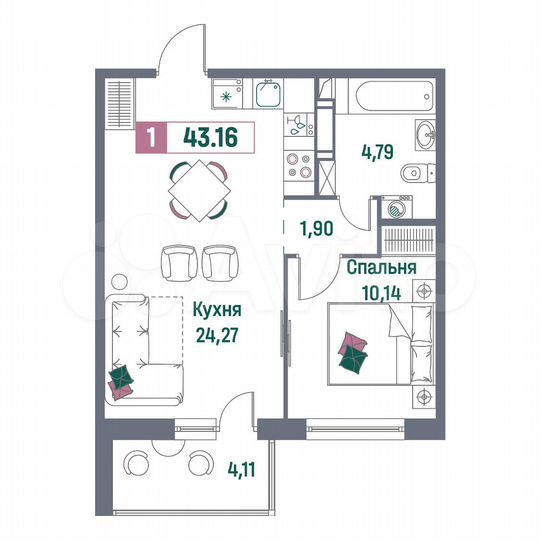 1-к. квартира, 43,2 м², 8/16 эт.