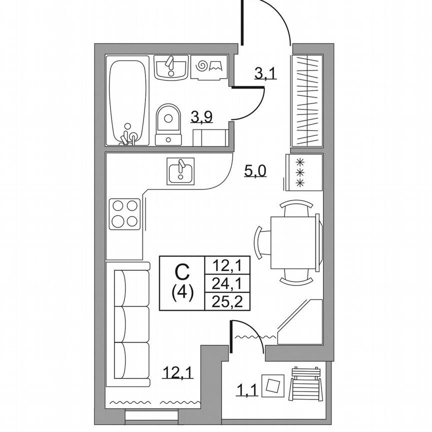 Квартира-студия, 25,2 м², 3/8 эт.