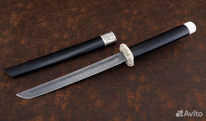 Премиум Нож Танто большой сталь дамаск, рукоять и