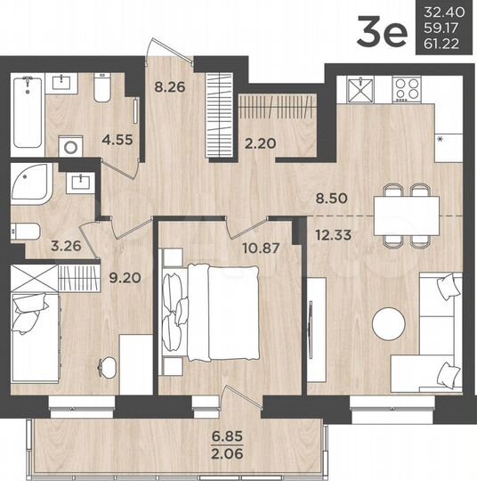 3-к. квартира, 61,2 м², 8/24 эт.