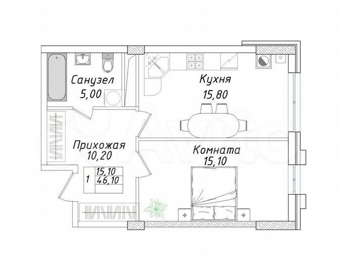1-к. квартира, 46,1 м², 7/8 эт.