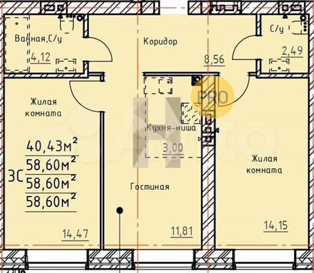 2-к. квартира, 58,6 м², 3/4 эт.