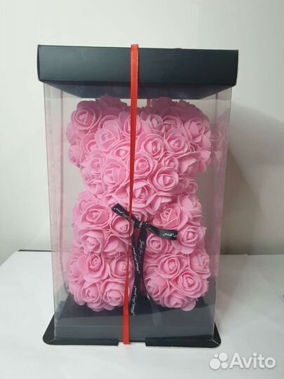 Мишка из роз 30 см розовый в коробке