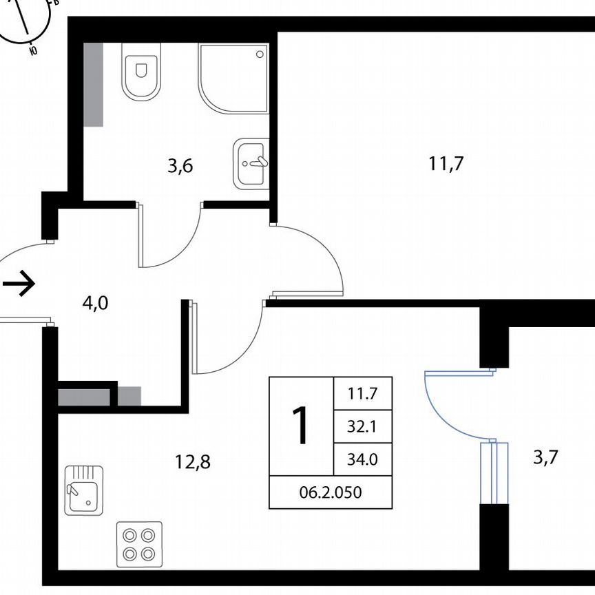 1-к. квартира, 34 м², 2/3 эт.