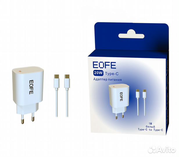 Зарядное устройство Eofe EC01, USB-C, 20 Вт, 3A, белое + кабель USB-C 1 м