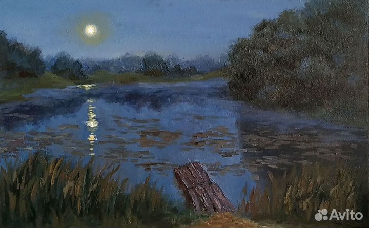 Картина маслом Лунная ночь Деревенский пейзаж