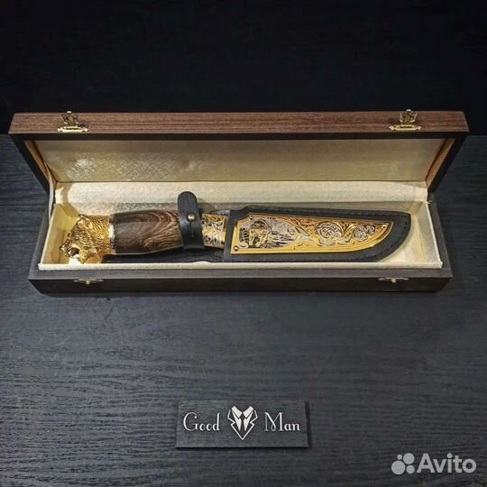 Нож Медведь-4, гравюра, золото. Златоуст