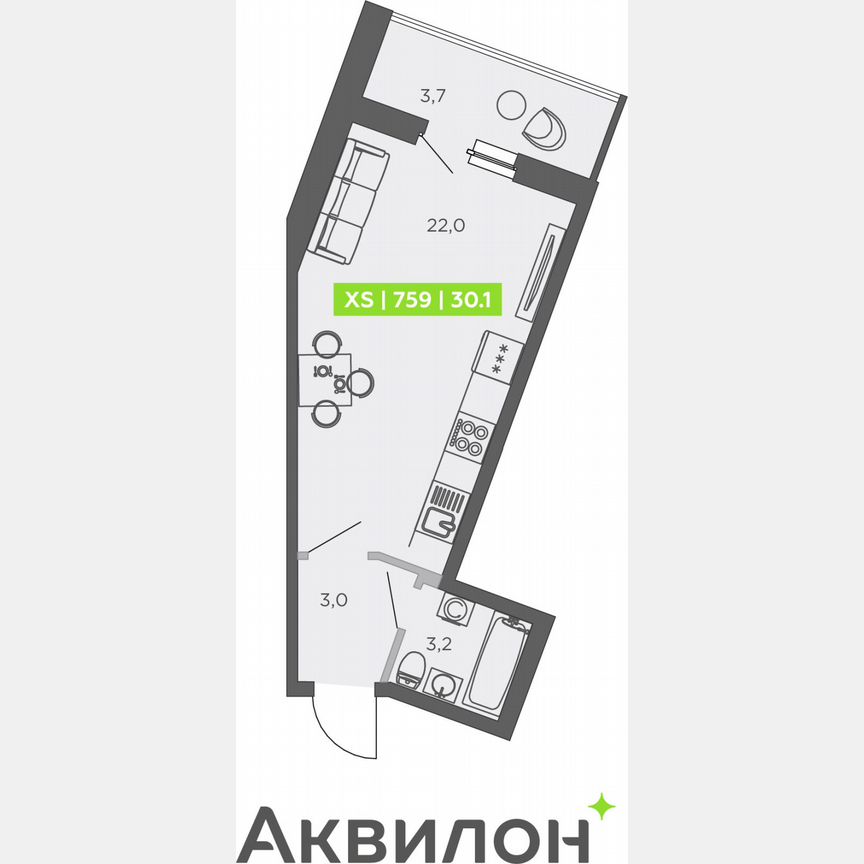 Квартира-студия, 30,1 м², 1/13 эт.