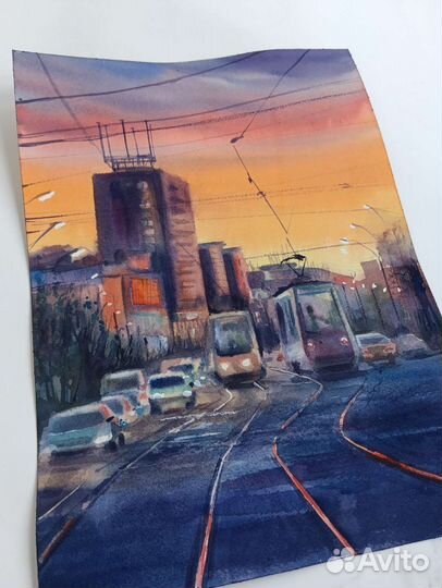 Акварель Вечерний город