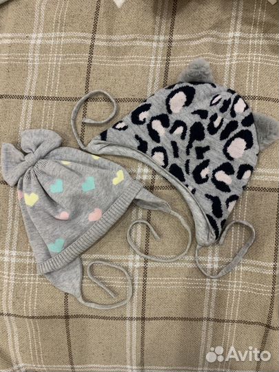 Розовые с серым шапки с ушками размер 46-48