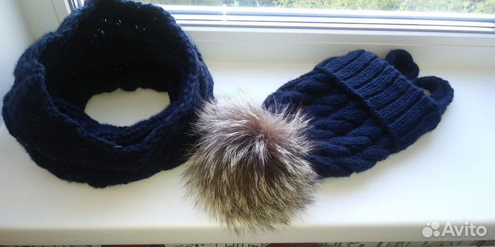 Вязаная шапка с помпоном, снуд, шарф. Меринос