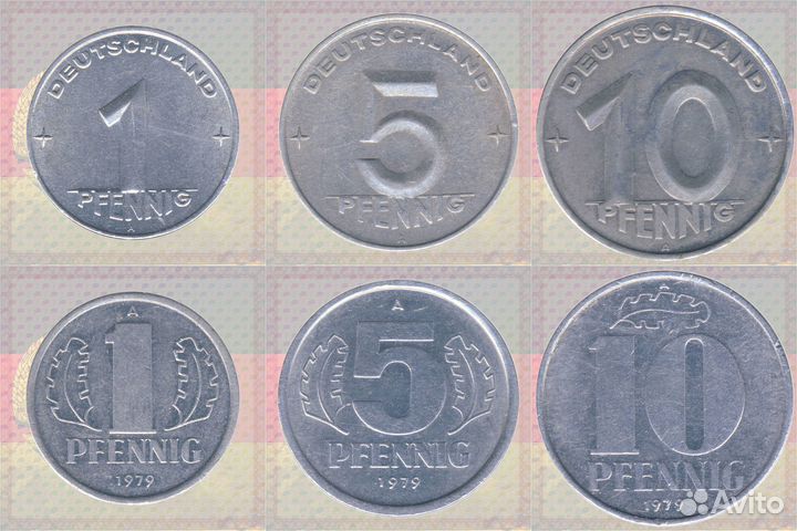 Набор 6 монет: 1, 5, 10 пфеннигов 1953 и 1979 ГДР