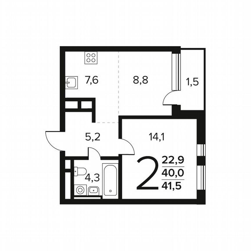 2-к. квартира, 41,5 м², 6/9 эт.