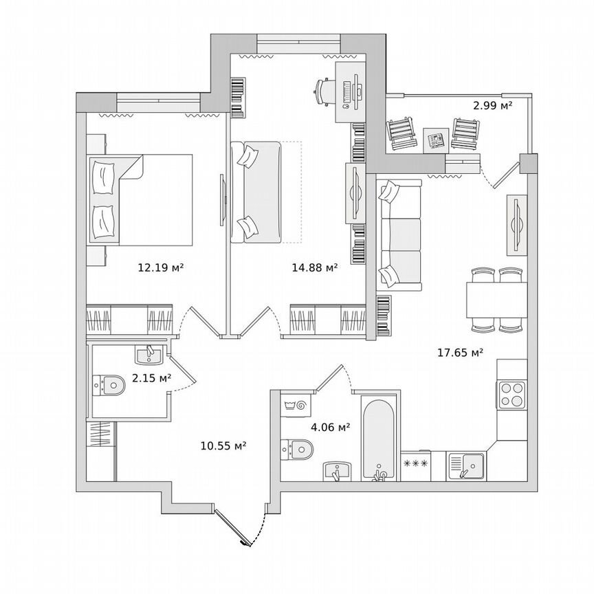 2-к. квартира, 60,6 м², 7/9 эт.