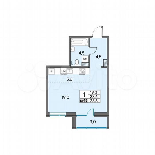 1-к. квартира, 36,6 м², 6/7 эт.