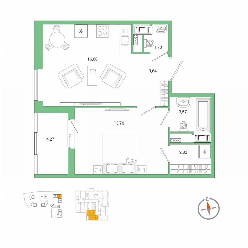 1-к. квартира, 44,3 м², 6/11 эт.