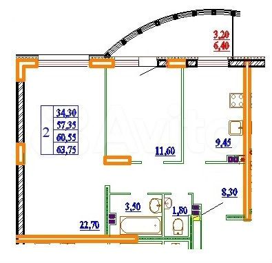 2-к. квартира, 63,8 м², 5/14 эт.