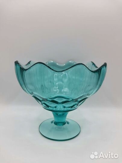 Ваза на ножке Конфетница Голубое стекло СССР