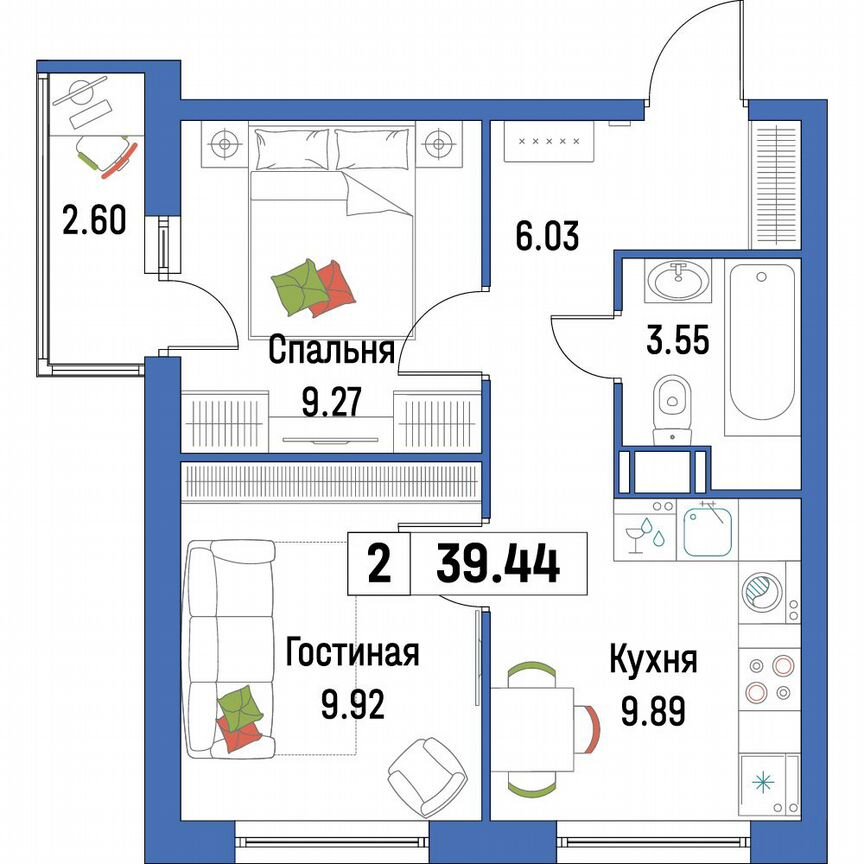 2-к. квартира, 39,4 м², 9/16 эт.