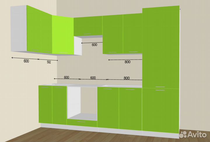 Кухня Глянец 120х260 см готовый вариант с витрины