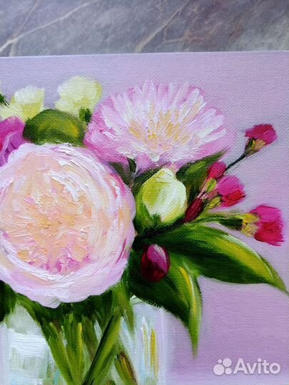 Букет цветов в вазе картина 20х20 см