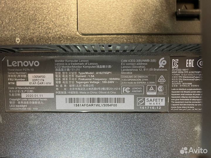 Монитор 27 Lenovo ThinkVision P27h-10 QHD Type-C