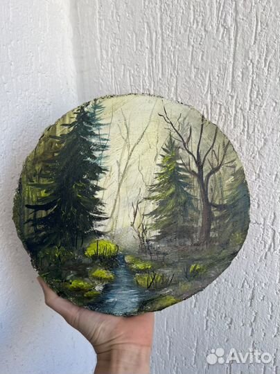 Картина маслом на спиле дерева « лесной ручей»