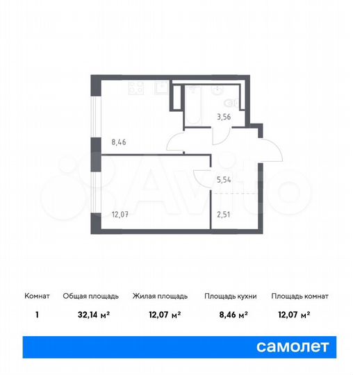 1-к. квартира, 32,1 м², 8/9 эт.