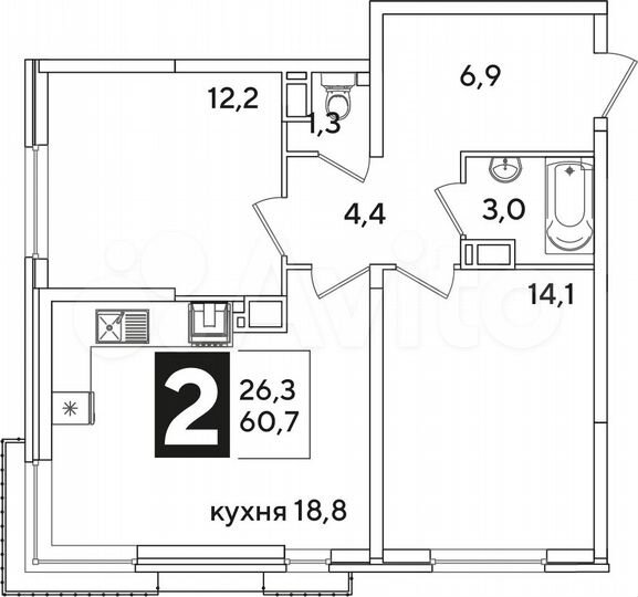 2-к. квартира, 60,7 м², 11/16 эт.