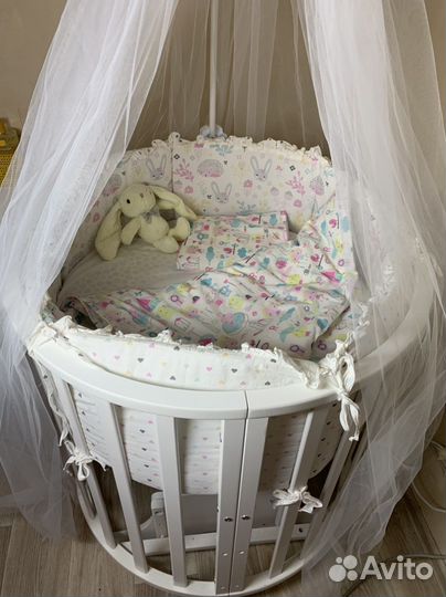 Бортики, 2 комплекта белья, круглый матрас