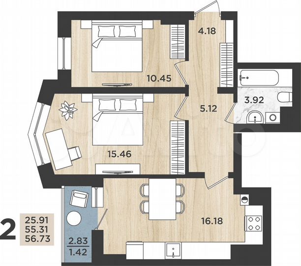 2-к. квартира, 56,7 м², 7/16 эт.