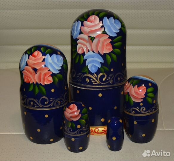 Матрёшка «Полевые цветы» синий платок 5 кукольная