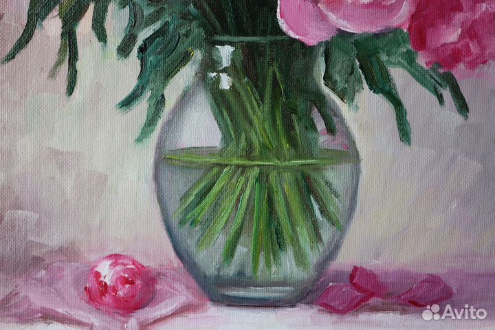 Картина маслом Цветы Пионы 35х40см холст картон