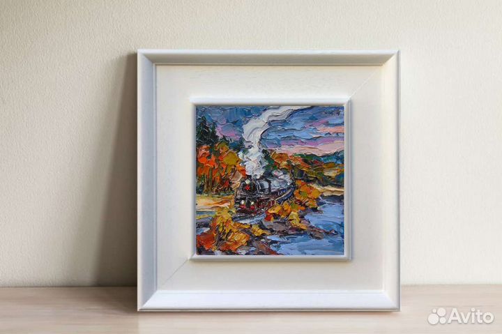 Картина маслом ретропоезд Карелия осенний пейзаж