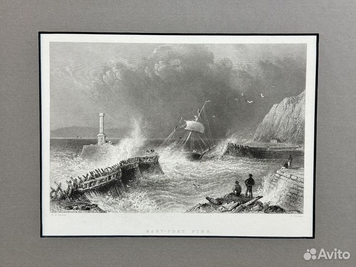 Старинная гравюра морской пейзаж 1840 г